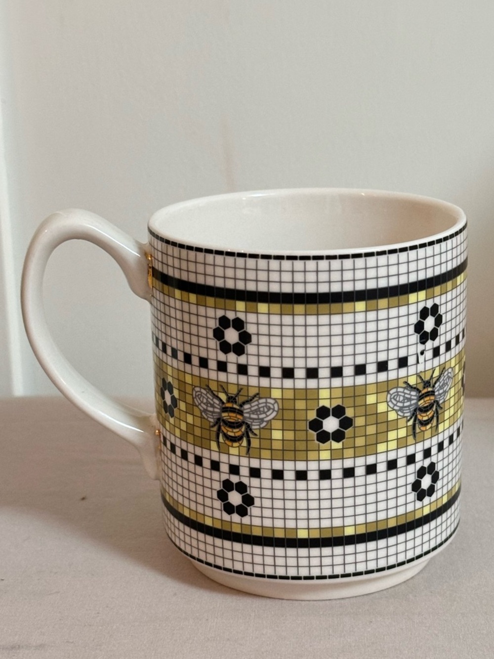 Anthropologie Bee Grid Mug Cottagecore Honeybee Ceramic Cup Yellow Black Tile
